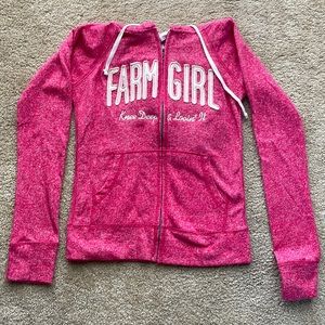 New-Sz. Small Farm Girl “Knee Deep & Lovin’ It”Pink zip up sweatshirt
